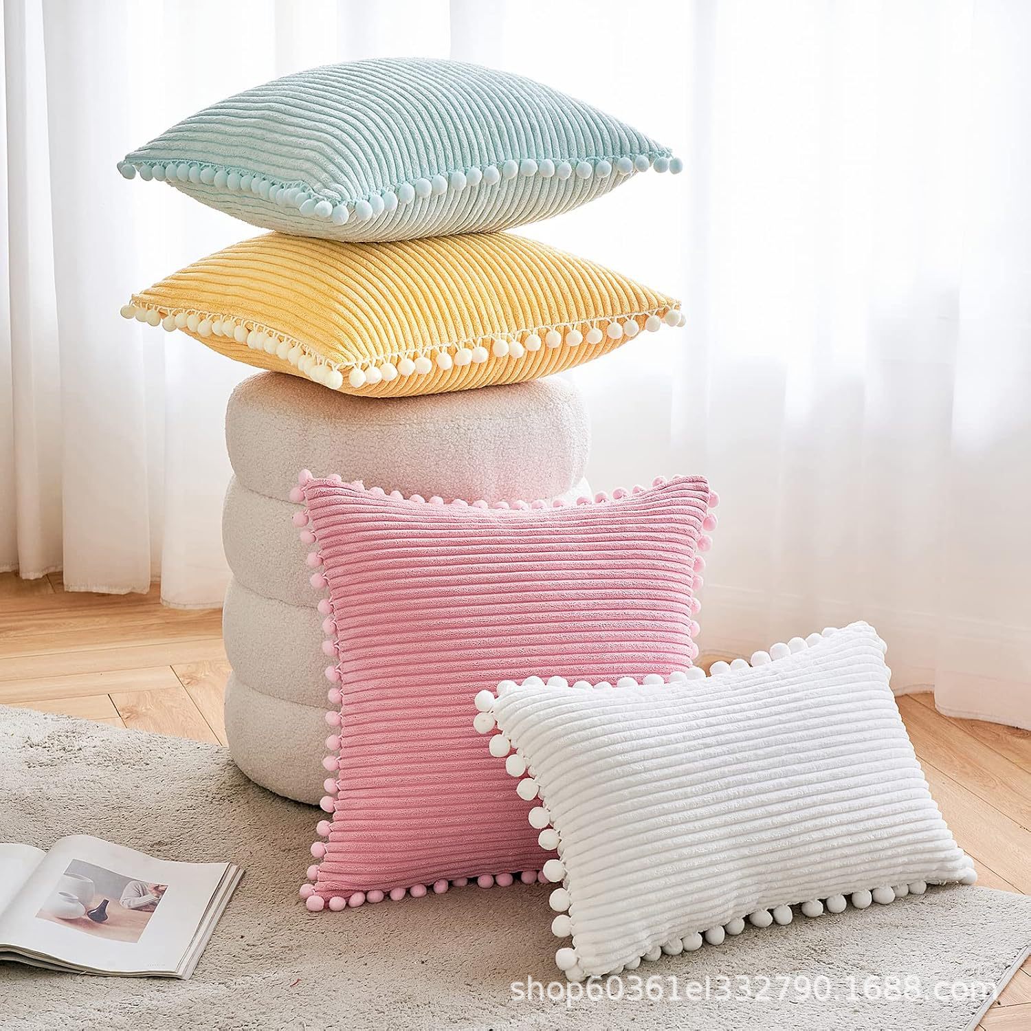 Factory Direct Supply Corduroy Pillowcase Solid Color Striped with Small Ball Pillow Cushion Simple Cushion Foreign Trade Wholesale