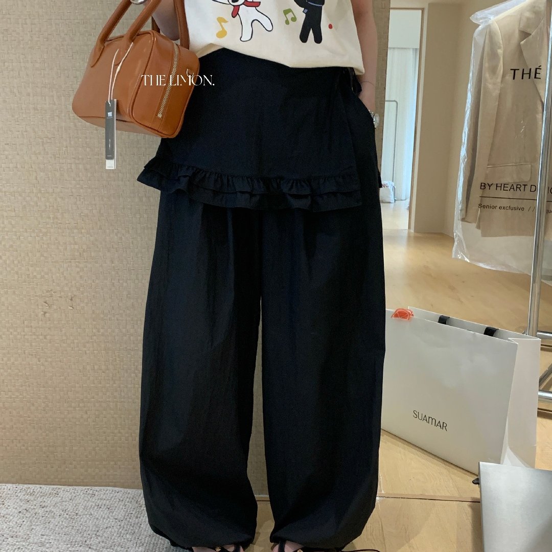 Quần culottes nữ ống rộng cạp cao, phối viền ren xếp tầng, dáng suông rộng, thanh lịch và thoải mái — màu đen, Xanh da trờicolor, màu trắng, Đá vôi