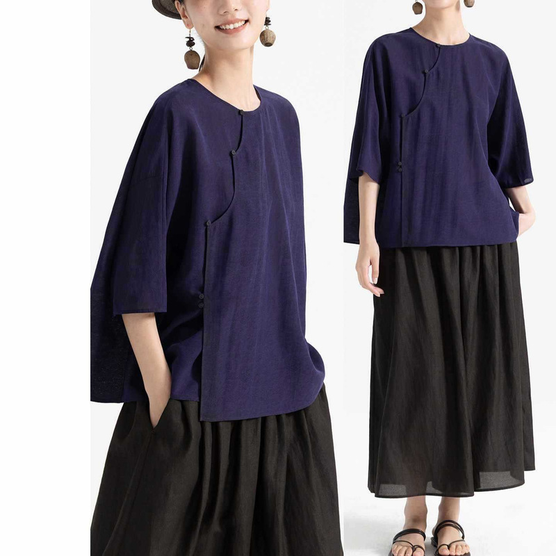 New Chinese Style 2026 Summer New Model National Style Mulberry Silk Black and Purple Two-Color Xiangyun Silk Summer Chinese-Style Top Shirt for Women New Chinese Style 2026 Summer New Model National Style Mulberry Silk Black and Purple Two-Color Xiangyun Silk Summer Chinese-Style Top Shirt for Women