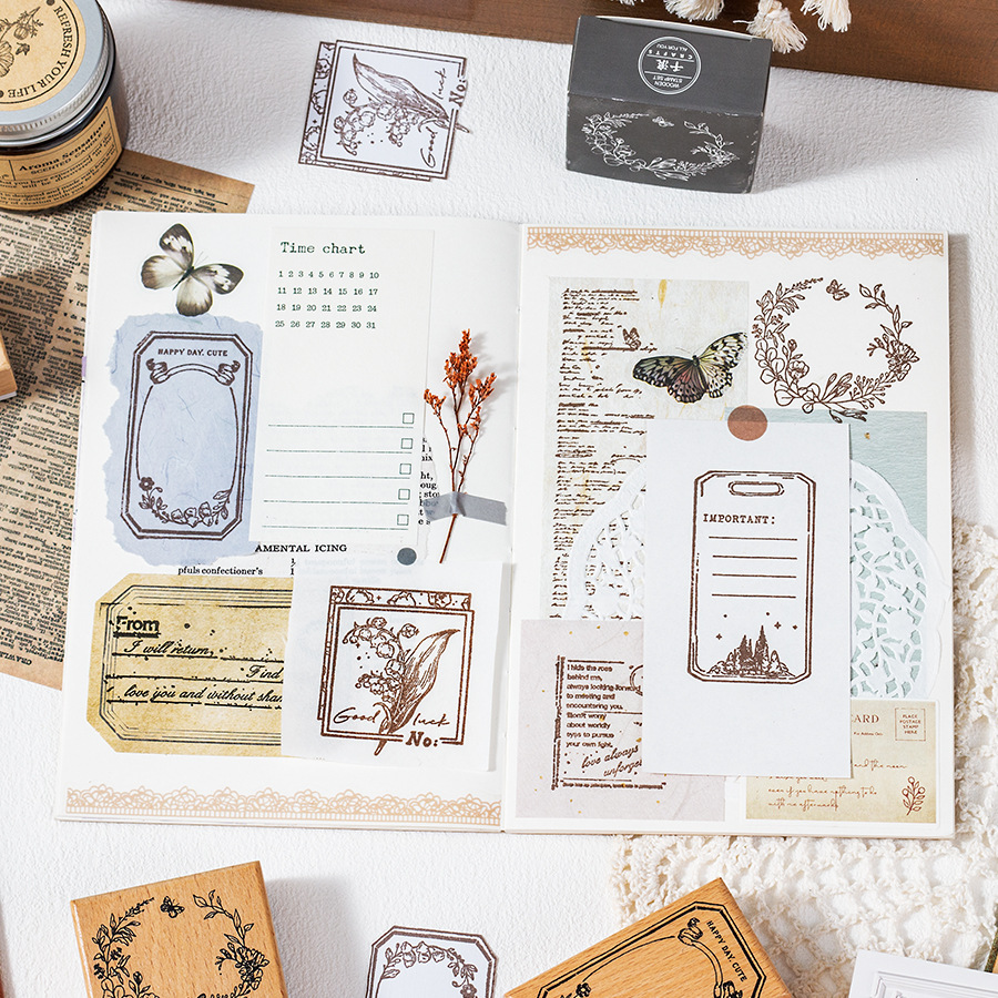 Flower Wild Time Series Mano de madera retro Sello de libro de mano literario fresco Material de decoración de bricolaje Sello 6 estilos