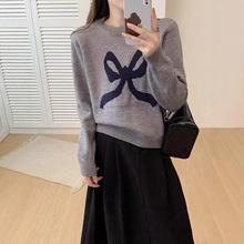 日韩少女感蝴蝶结提花圆领毛衣女秋冬款韩版慵懒风外穿针织衫上衣