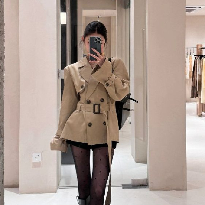 美式辣妹卡其色廓形双排扣中长款风衣秋冬感外套女