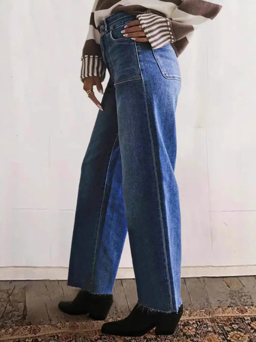 Cross-border Amazon European and American large size washed mid-waist straight jeans double-breasted trousers trimmed nine-quarter jeans