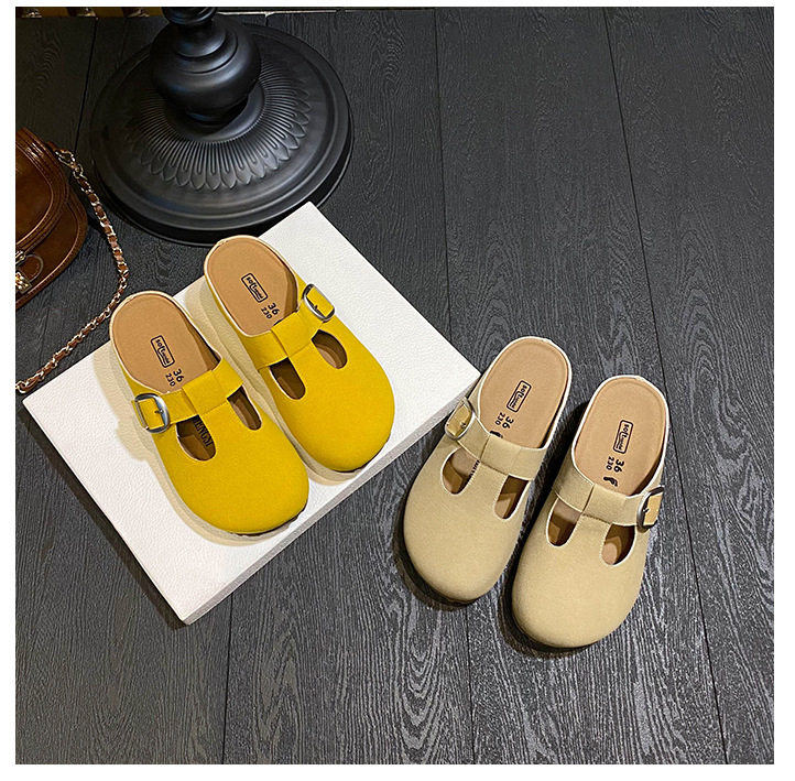 Dép lê nữ Mary Jane bít mũi quai ngang phối khóa cổ điển, đế bằng tăng chiều cao bên trong — Kaki (nửa kéo), Màu vàng (nửa dép) chi tiết 24