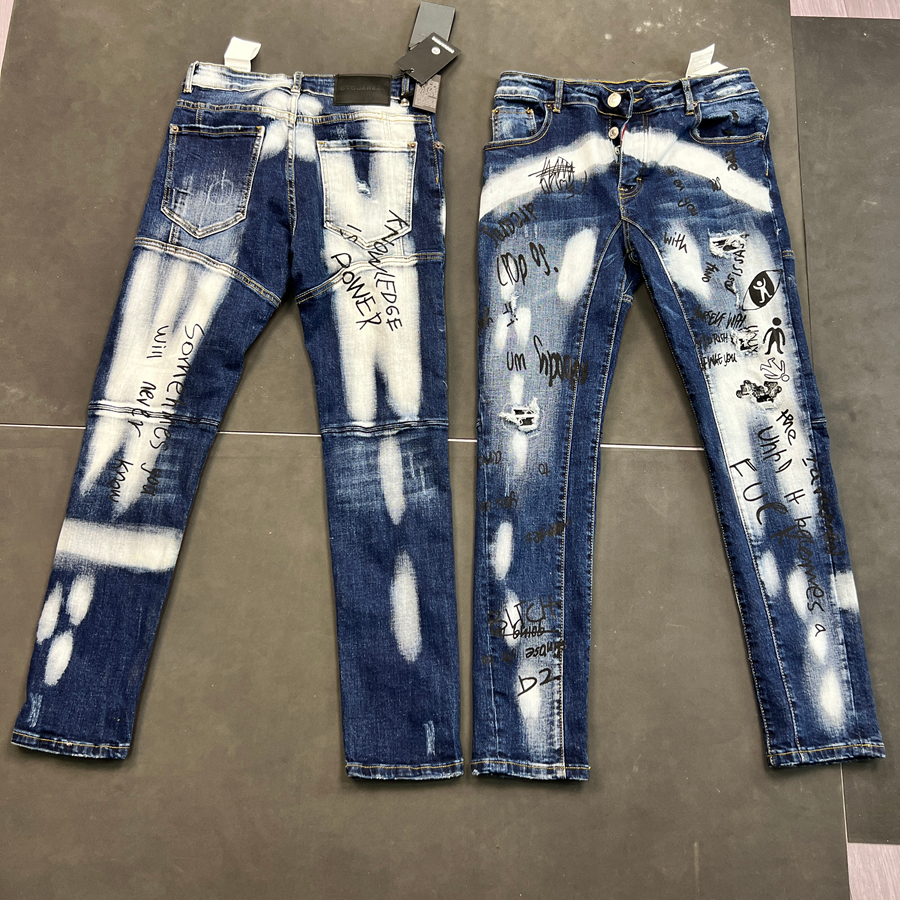 Men's Trendy Ripped Graffiti Jeans, Stretchy Slim Fit, High-End Vintage Printed Washed Long Pants