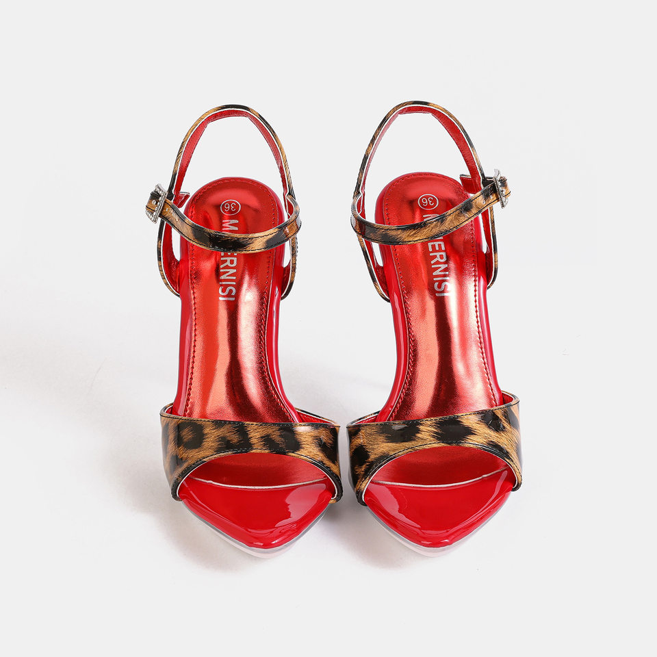 Giày sandal nữ gót nhọn siêu cao hở mũi quai ngang in họa tiết da báo — màu mơ, màu đỏ, trắng chi tiết 2