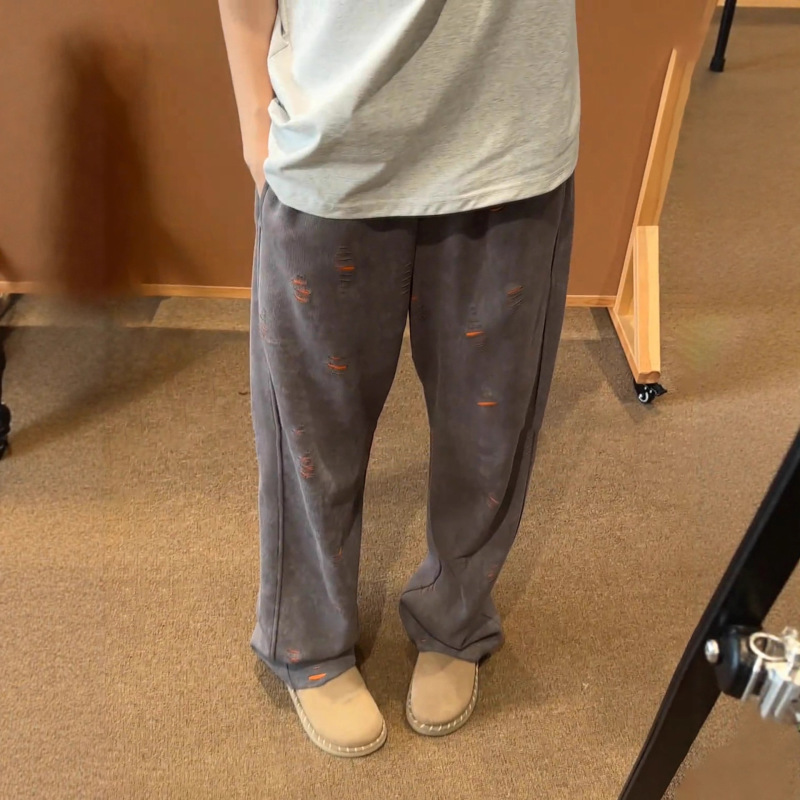 American-Style Heavy Ripped Curved Sweatpants for Men and Women, Autumn Lazy Style Niche Pants with Drapey Straight Cut for Export American-Style Heavy Ripped Curved Sweatpants for Men and Women, Autumn Lazy Style Niche Pants with Drapey Straight Cut for Export