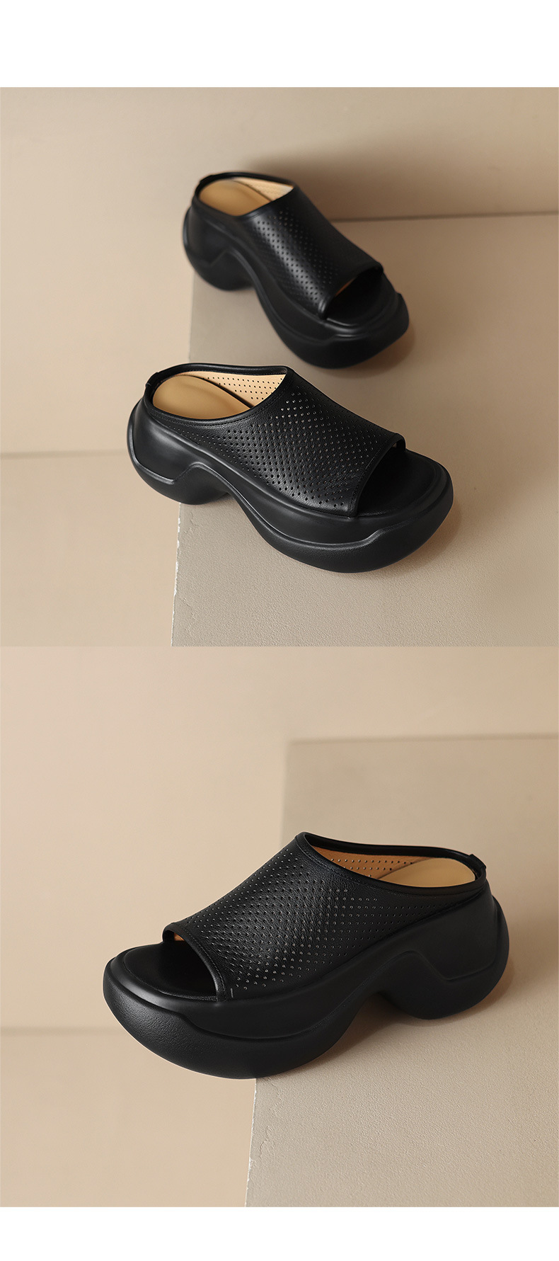 Dép sandal nữ xỏ ngón đế bệt da thật lỗ thoáng khí mùa hè — màu đen, màu trắng ngà chi tiết 12
