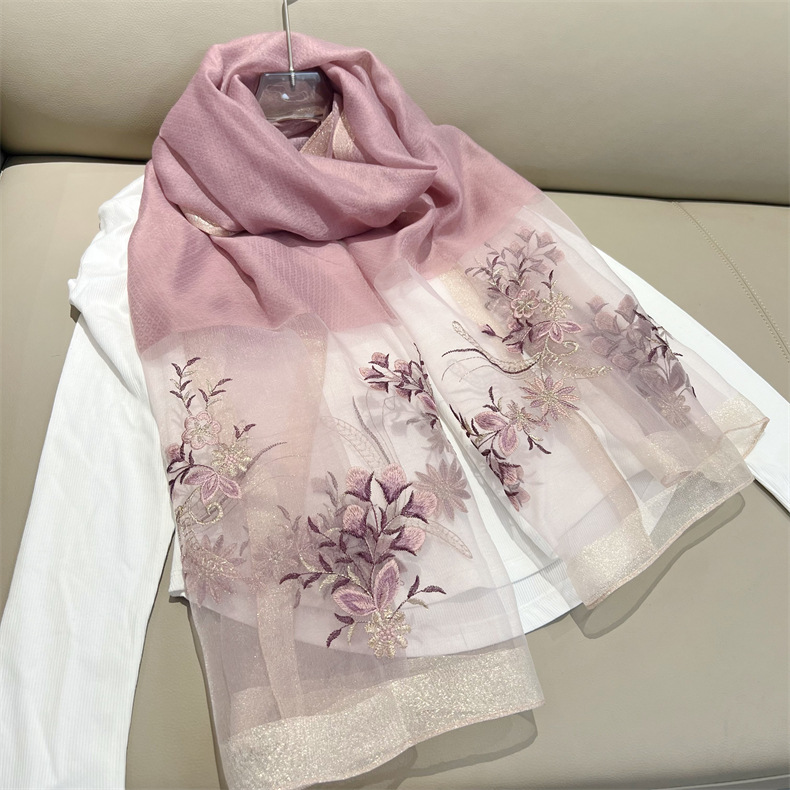 150g Weight Silk Scarf Classification Travel Occasion Polyester Material Flower Pattern Spring, Autumn Season Women's Gender Embroidery Design Elegant Style Women's Elegant Flower Polyester Embroidery Silk Scarf 15