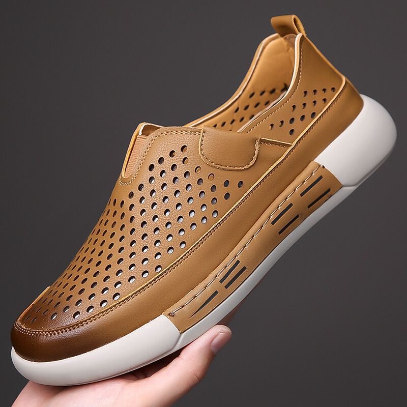 Foreign Trade Wholesale 2025 Summer New Men's Soft Leather Casual Hollow Hole Shoes Non-Slip Wear-Resistant Soft Sole Men's Sandals