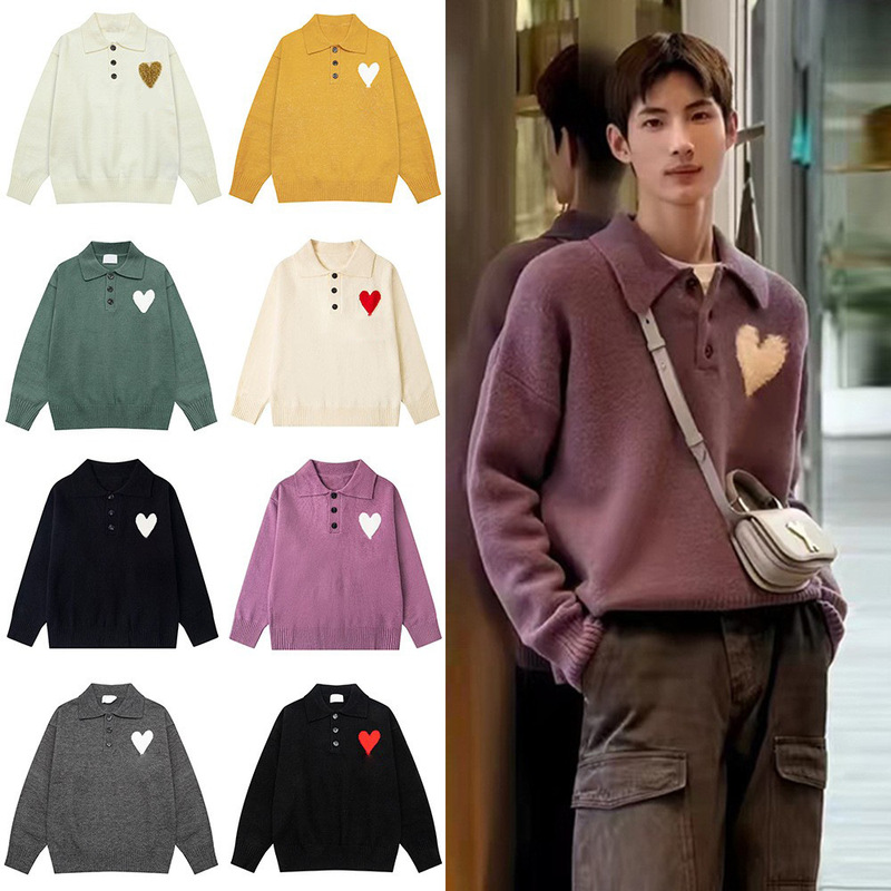 Cross-Border Ami Ancient Christmas Capsule Series Heart Jacquard Men's and Women's Lapel Long-Sleeved Knitwears