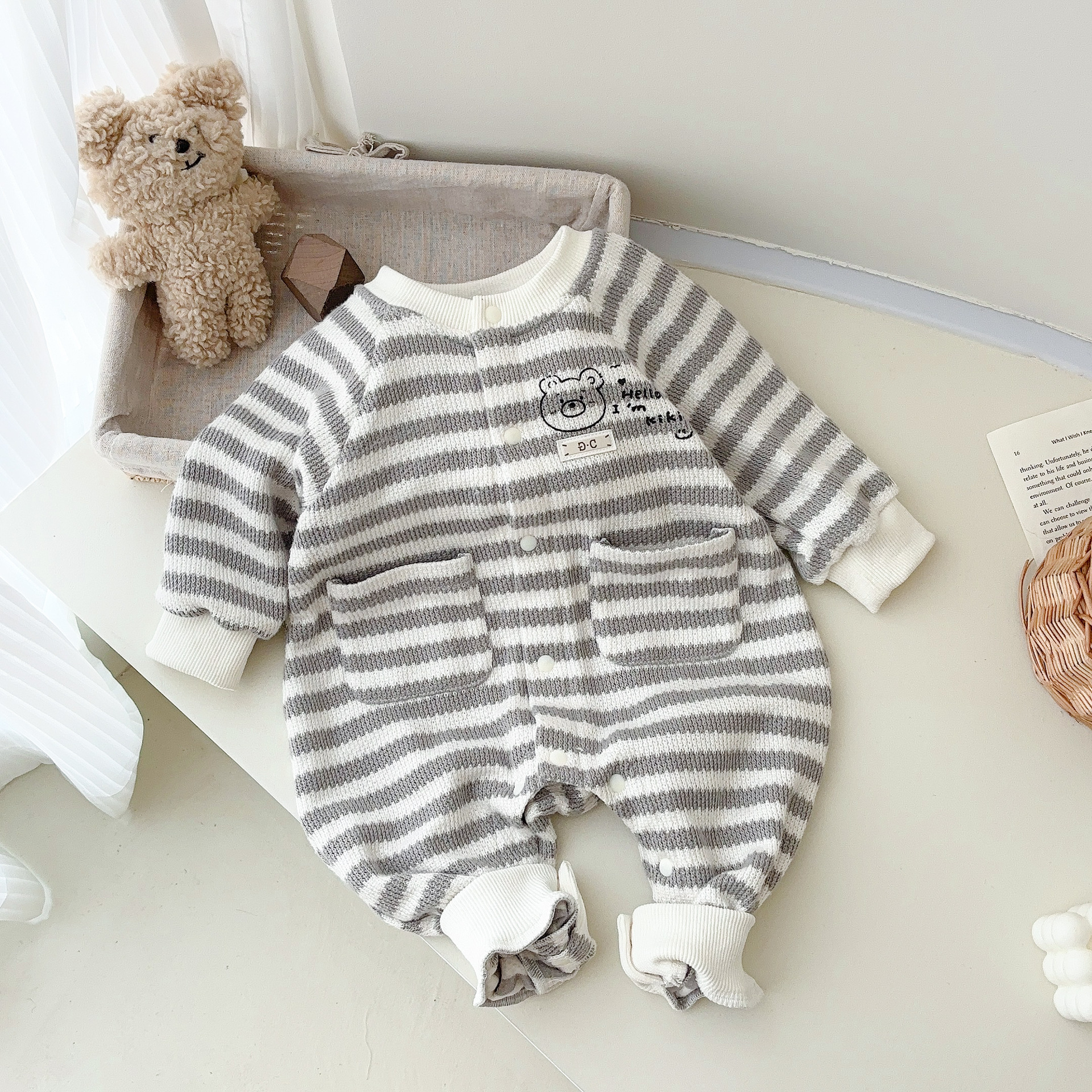 Ropa de bebé, ropa de primavera y otoño, mameluco de manga larga de dibujos animados a rayas, mameluco para bebés, ropa de salida