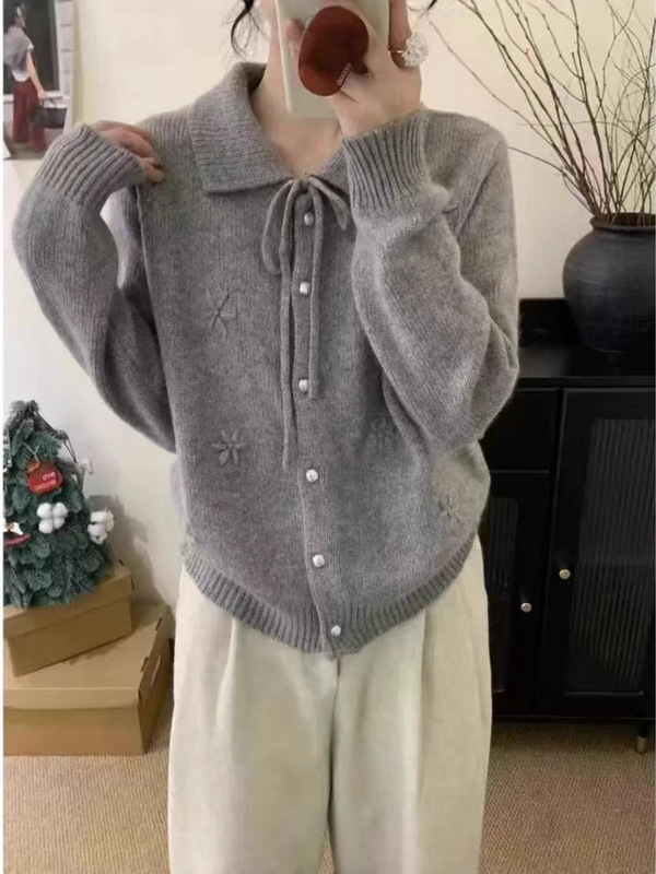 韩系翻领甜美勾花设计针织开衫女2025秋冬新款蝴蝶结软糯毛衣外套|undefined
