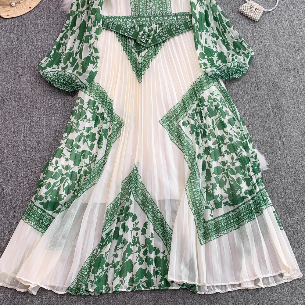 Retro Printed Dress With Stand Collar And Lantern Sleeves_voghion.com