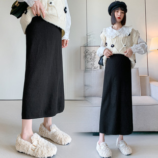 Real shot pregnant women autumn and winter fashion casual knitted skirt pregnant women wear slimming straight split one-step skirt
