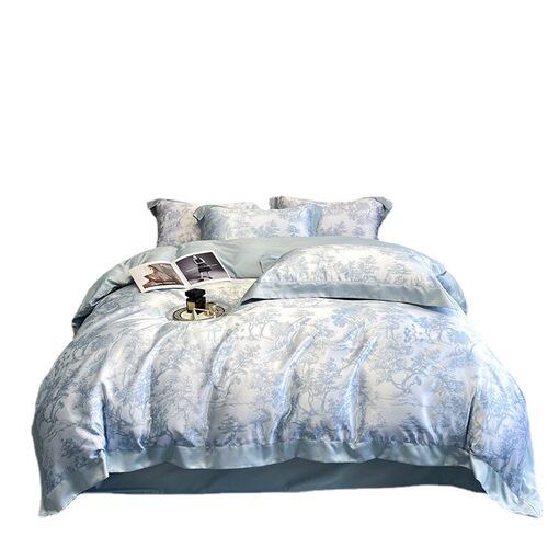 Washed silk four-piece set cool ice silk 60S Nordic style silky summer sleeping naked embroidered quilt cover bedding