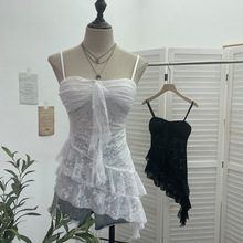 实拍 甜辣妹不规则荷叶边带胸垫吊带背心性感蕾丝衫无袖上衣 1139