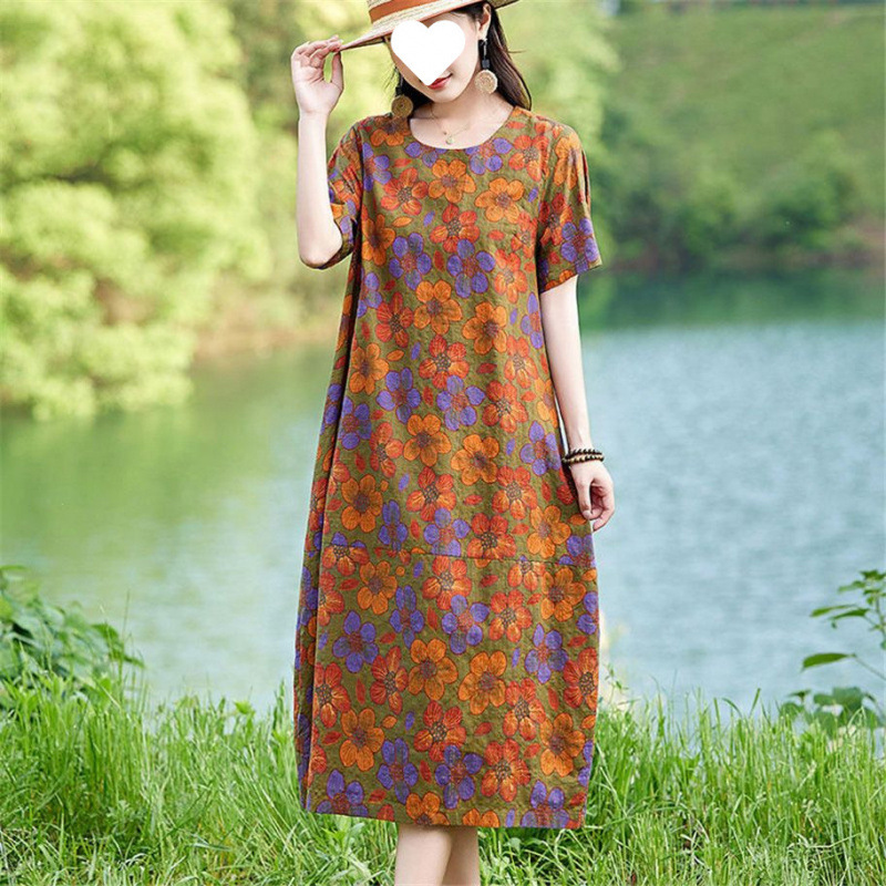 高级感棉麻连衣裙女夏新款时尚中老年妈妈气质宽松遮肚休闲直筒裙|undefined