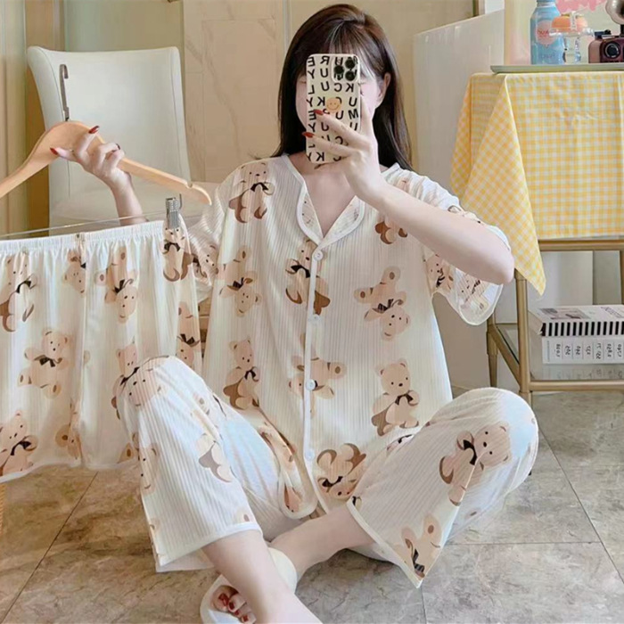 Nuevo estilo pijamas traje de tres piezas de las mujeres pijamas de estilo coreano de verano dulce ins estilo desgaste para el hogar conjunto de tres piezas entrega de una pieza