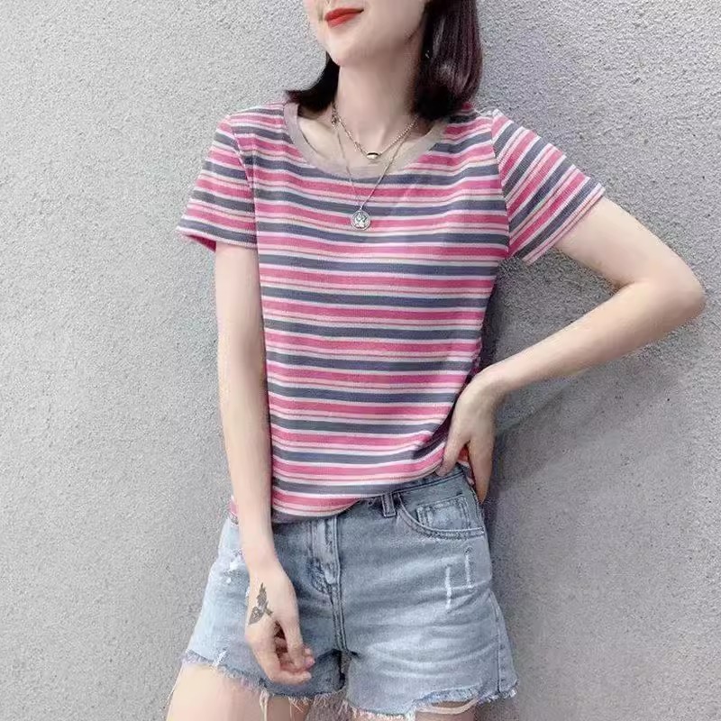 2025 新しい夏の女性の純粋な綿半袖 tシャツストライプトップス人気の女性の tシャツスリムフィット小柄な人|undefined