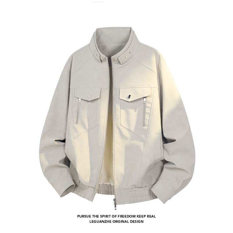 American Retro Workwear Leather Jacket For Men, Spring Cleanfit Flight Stylish Stand-up Collar Baseball Jacket, Trendy_voghion.com