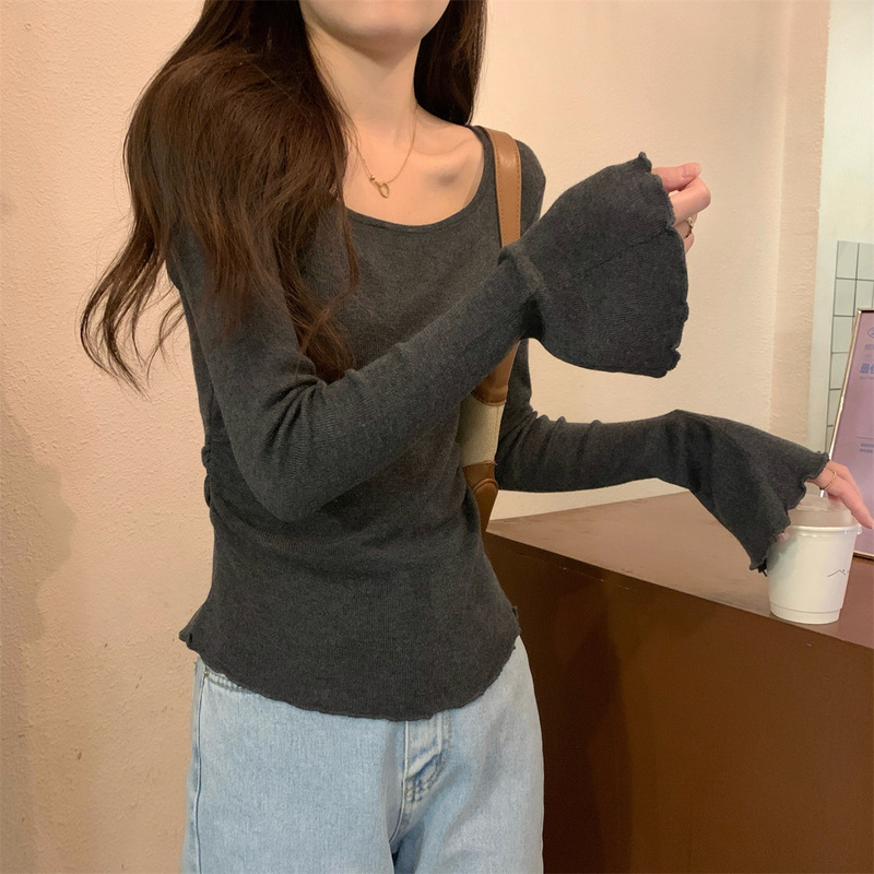 小个子木耳边喇叭袖长袖t恤上衣女秋季新款甜美风方领修身打底衫|undefined