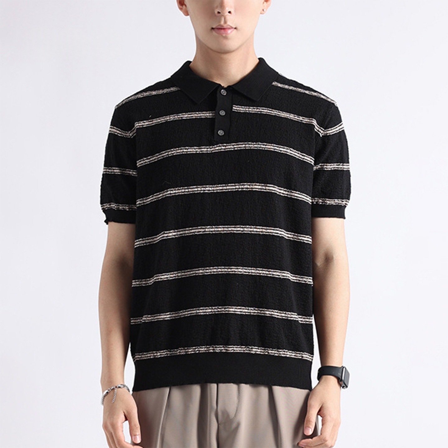Polo camiseta de punto camiseta de manga corta hombre con solapa estriada textural vieja camiseta de hielo de verano fábrica transfronteriza al por mayor