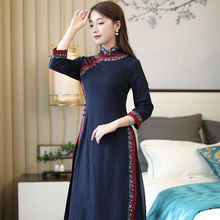 民族风旗袍式连衣裙改良棉麻时尚气质复古优雅中国风奥黛裙