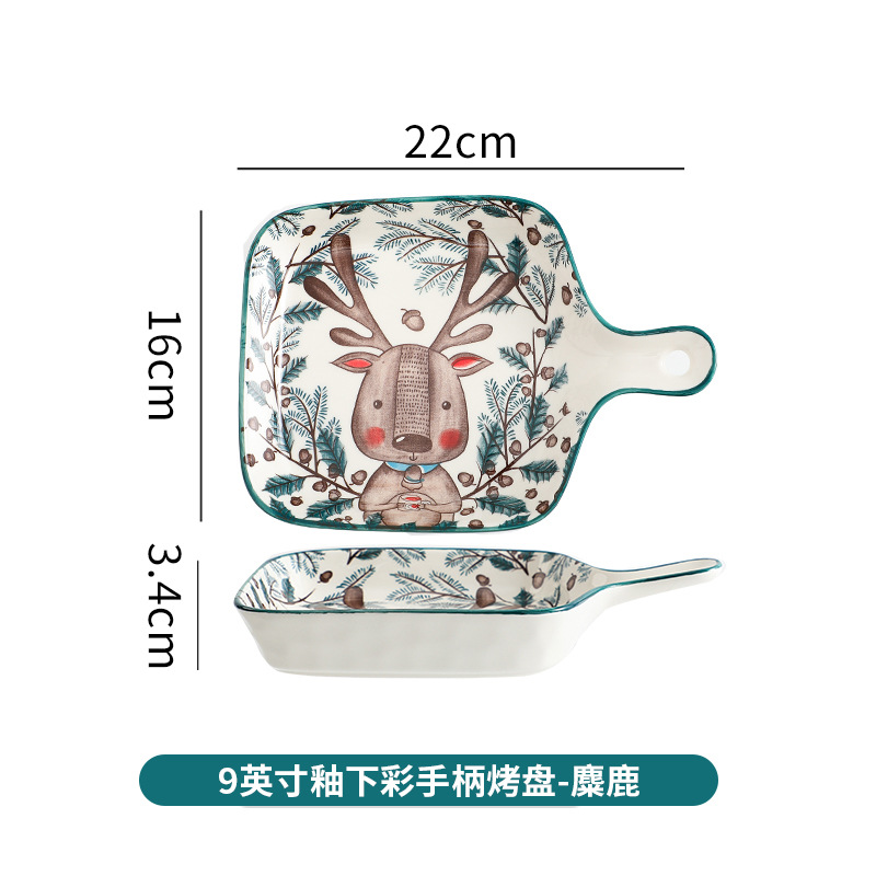 Placa de cerámica de dibujos animados lindo plato para hornear con mango restaurante hogar plato doble oreja placa de arroz al horno placa occidental al por mayor