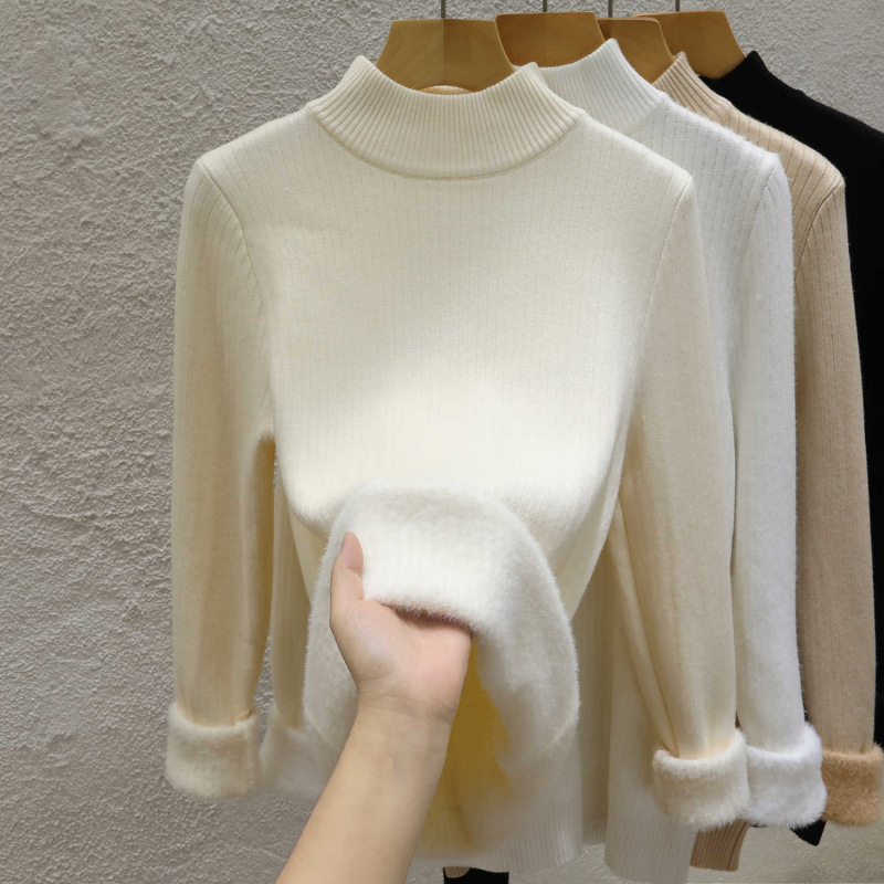 Half turtle neck women's padded fleece-lined bottoming shirt 2024 autumn and winter new one-piece velvet warm coat