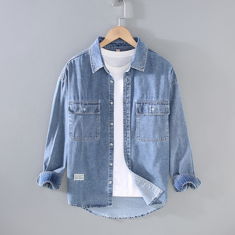 G030# autumn new Japanese retro rewash double bag men's long sleeve light color Denim shirt simple a generation of hair