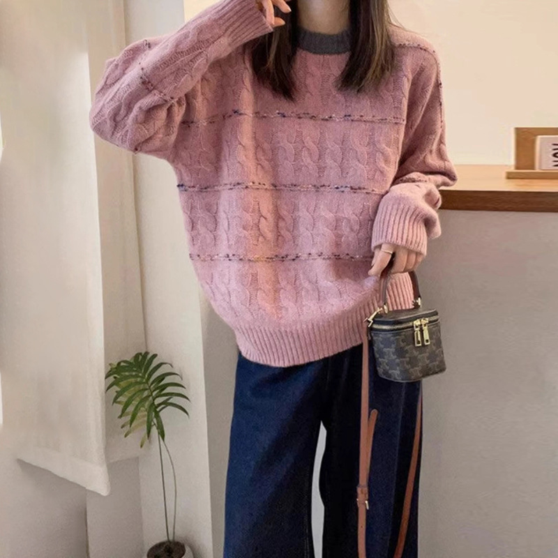 慵懒风撞色100%纯羊毛条纹绞花纹毛衣女软糯圆领套头针织衫打底衫