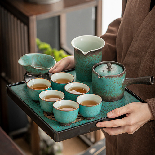 Ceramic tea set tea tray gift box home office light luxury Japanese kiln turned green teapot teacup Kung Fu tea set