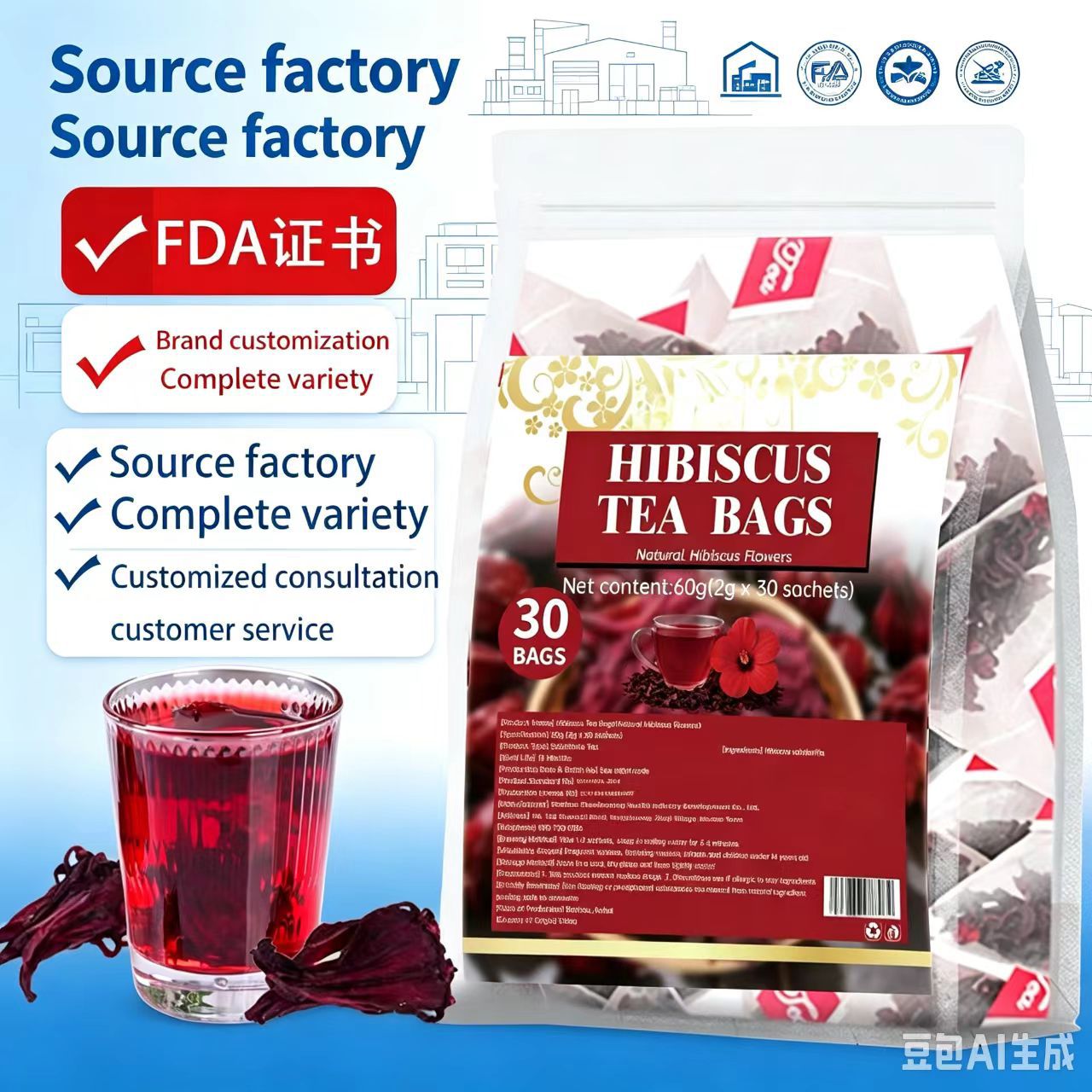 Roselle Hibiscus Tea Bags 30 Count Luo Shen Hua Natural Triangle Bag Herbal Infusion 60g in use
