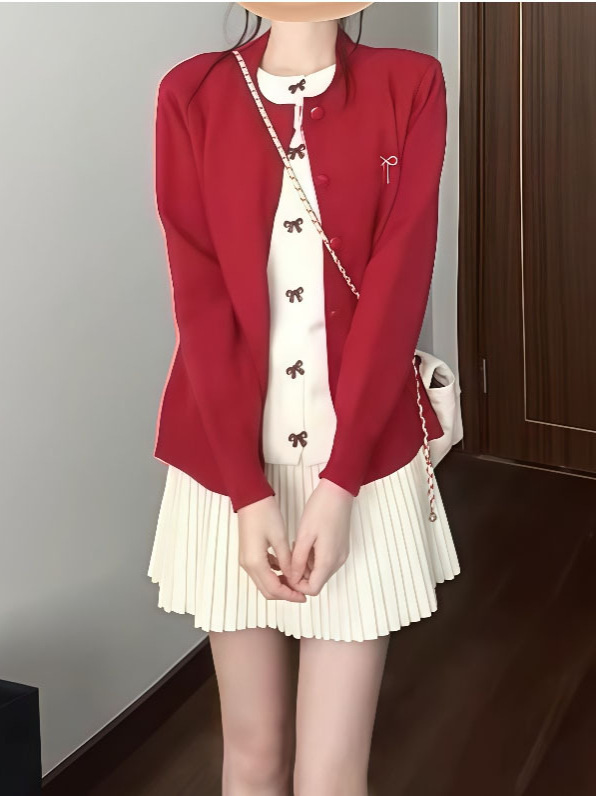 一整套入秋ootd穿搭独特好看红色假两件针织毛衣半身裙两件套装|undefined
