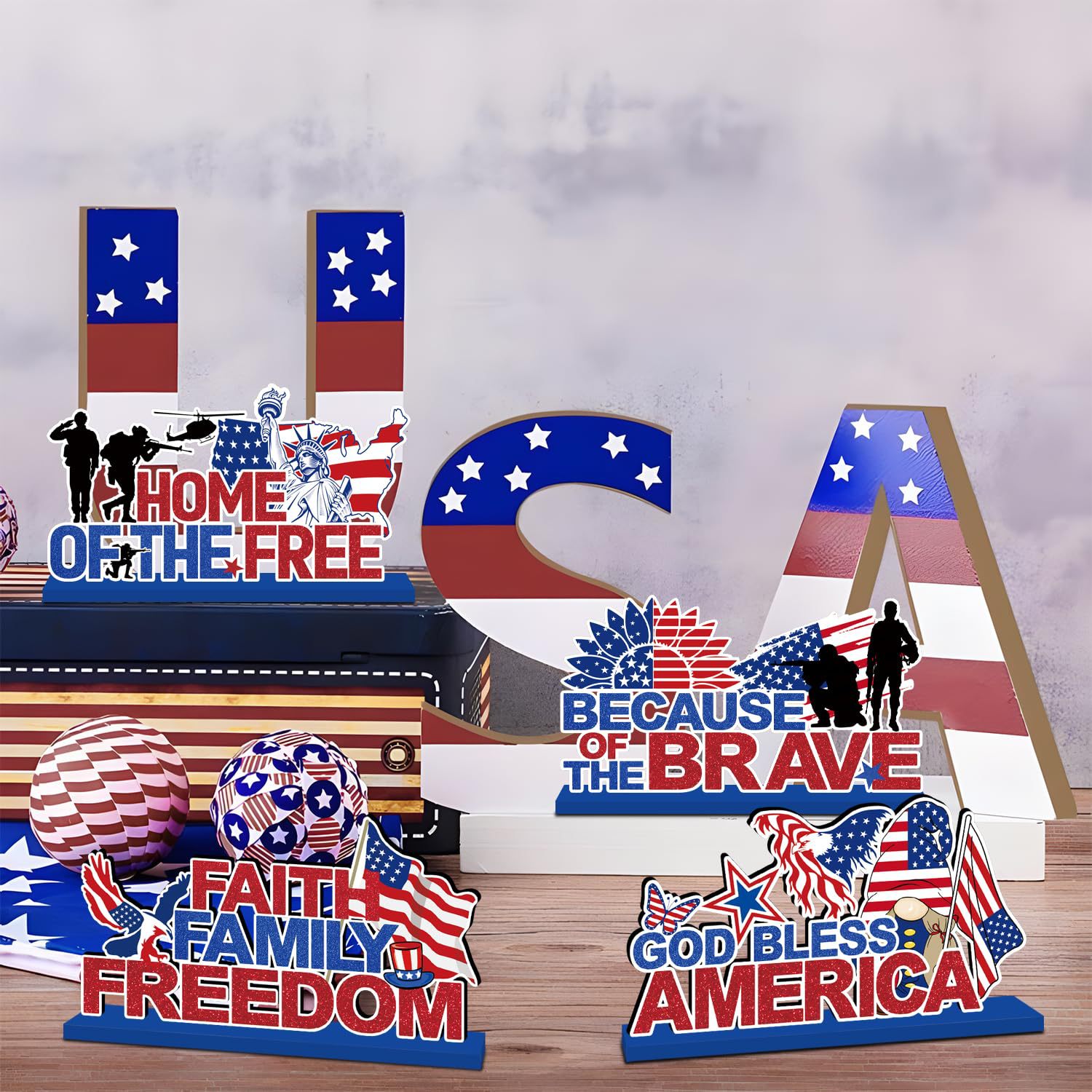 Transfronterizo temu nuevo Día de la Independencia Día de los Caídos Decoraciones Mesa Decoraciones Logotipo de madera