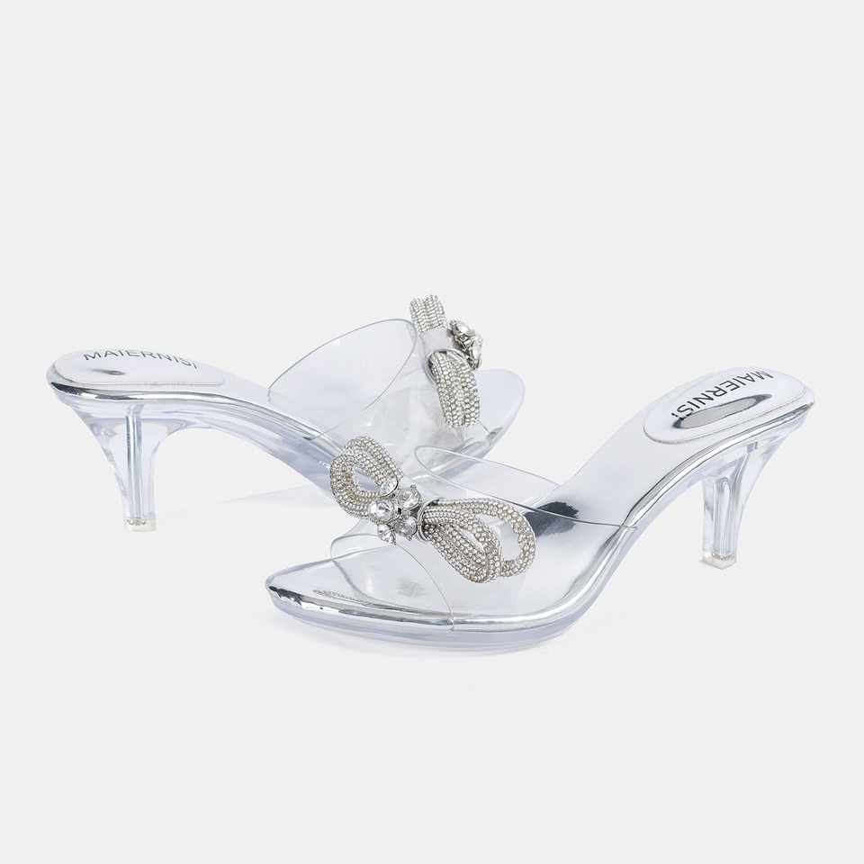 Dép sandal nữ quai ngang gót nhọn trong suốt hở mũi phong cách Hàn Quốc, gót 6–8 cm — Màu bạc chi tiết 2