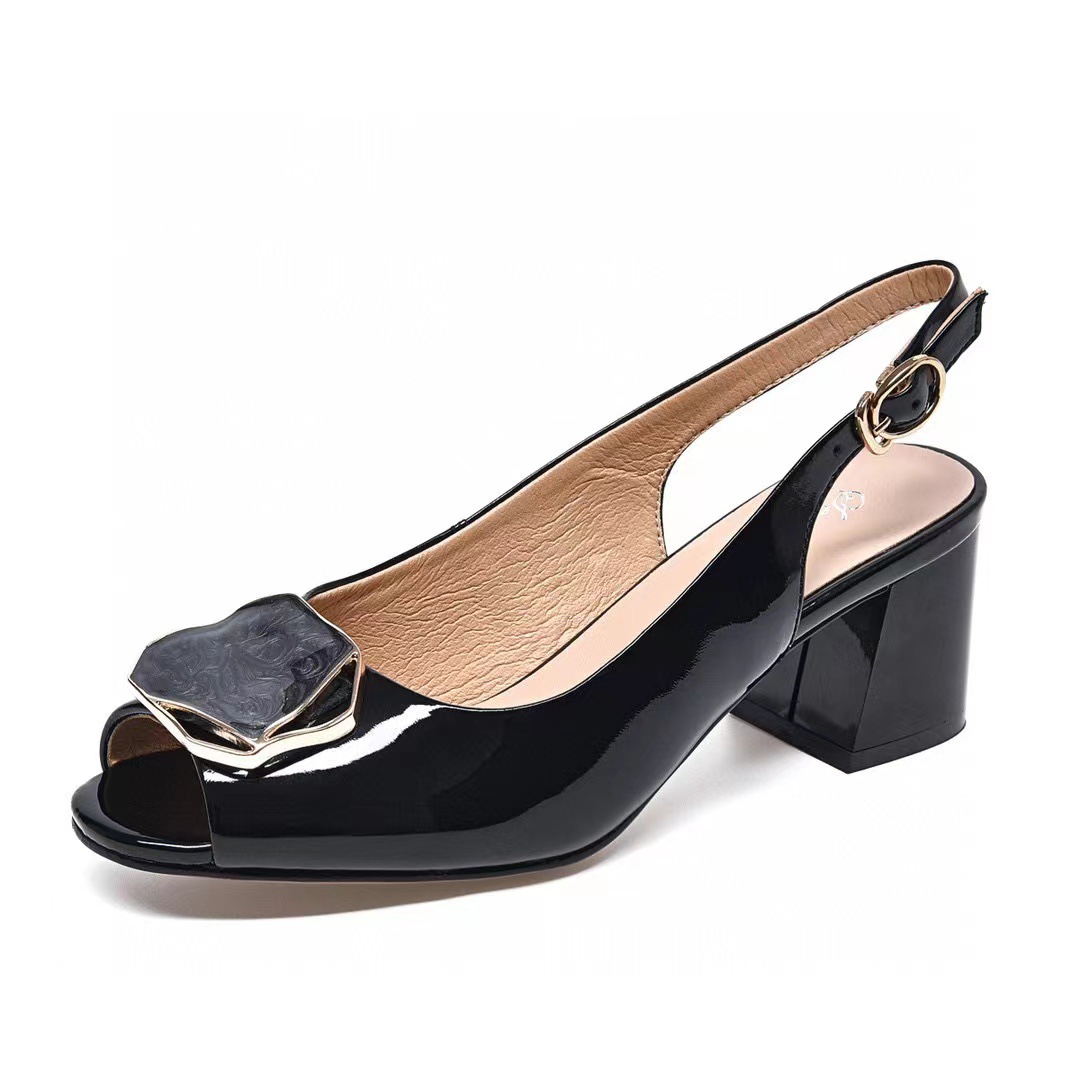 Sandal cao gót nữ hở mũi quai ngang đế thô da thật — đen