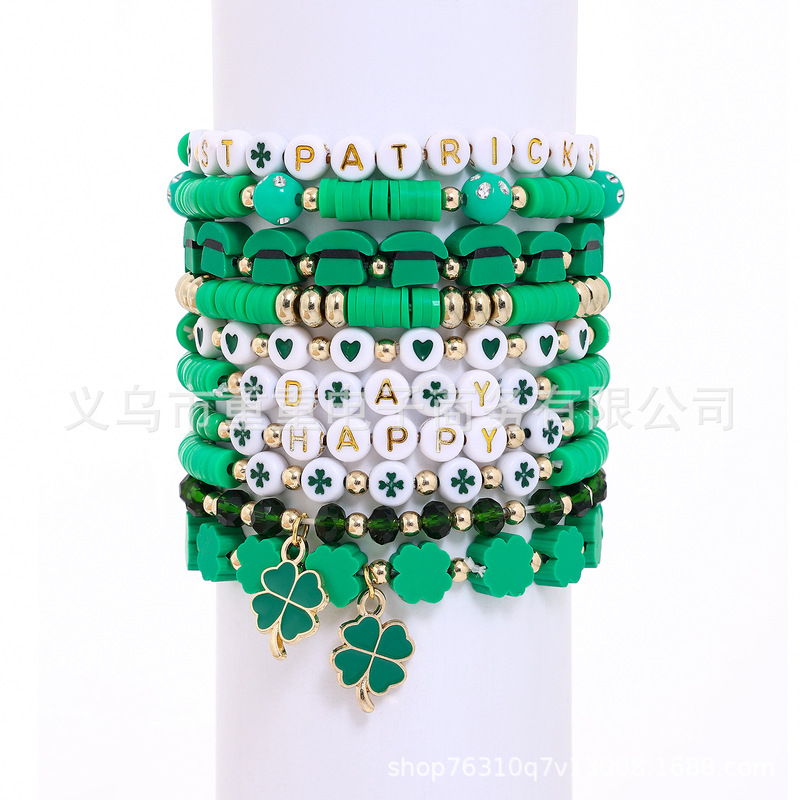 European and American St. Patrick's Soft Pottery Bracelet Four-leaf Clover Green Bracelet Hat Love Lucky Bracelet European and American St. Patrick's Soft Pottery Bracelet Four-leaf Clover Green Bracelet Hat Love Lucky Bracelet