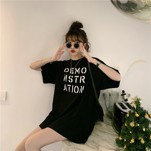 Summer 2025 Korean Version Stylish Loose Medium-Length Top BF Friend Dress Women's Letter Short-Sleeve T-Shirt Ins Trend