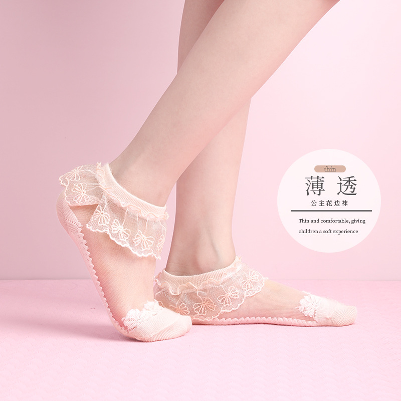 Calcetines cortos de verano para niñas, transpirables, de malla fina con encaje, con lazo sin costuras y encaje de princesa hasta la pantorrilla.