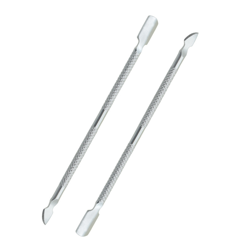 Fabricante spot acero de doble cabezal de acero inoxidable empujado para quitar la armadura, exfoliación, exfoliación, manicura de piel muerta, borde de la herramienta de manicura