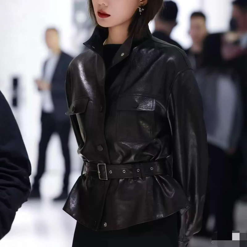 Celebrity Wang Luodan's Same Style Genuine Leather Jacket for Women, 2026 Spring New Oil-Waxed Sheepskin Workwear Leather Jacket, Trendy
