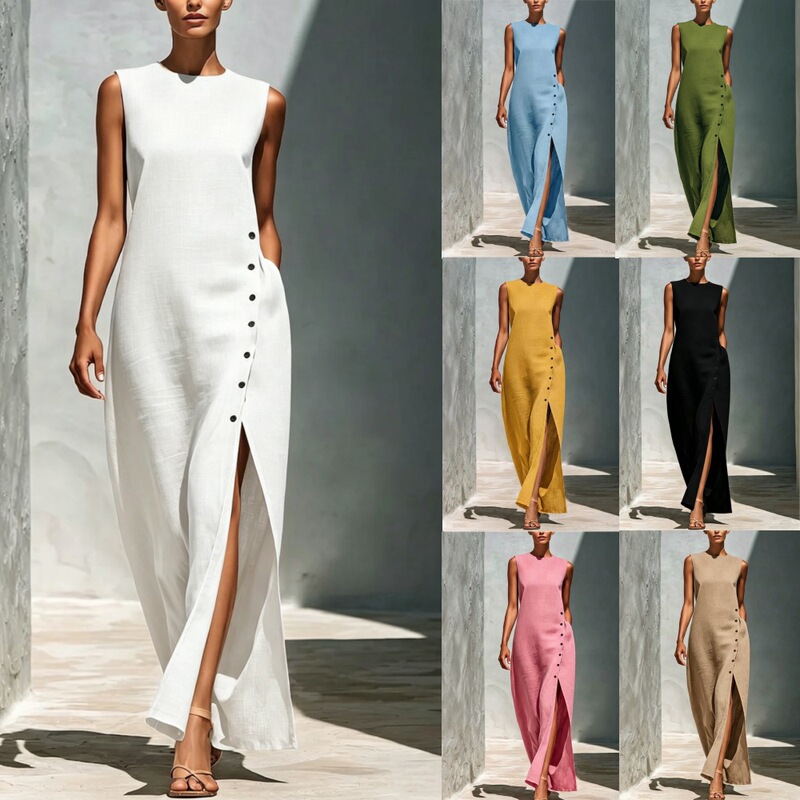 2026 European and American cross-border foreign trade independent website new women's solid color round neck sleeveless cotton-linen casual dress 2026 European and American cross-border foreign trade independent website new women's solid color round neck sleeveless cotton-linen casual dress