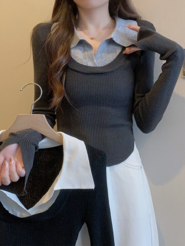 플러스 사이즈 가짜 2 피스 니트베이스 셔츠 여성의 가을과 겨울 슬림-세련된 짧은 폴로 칼라 탑 통통녀