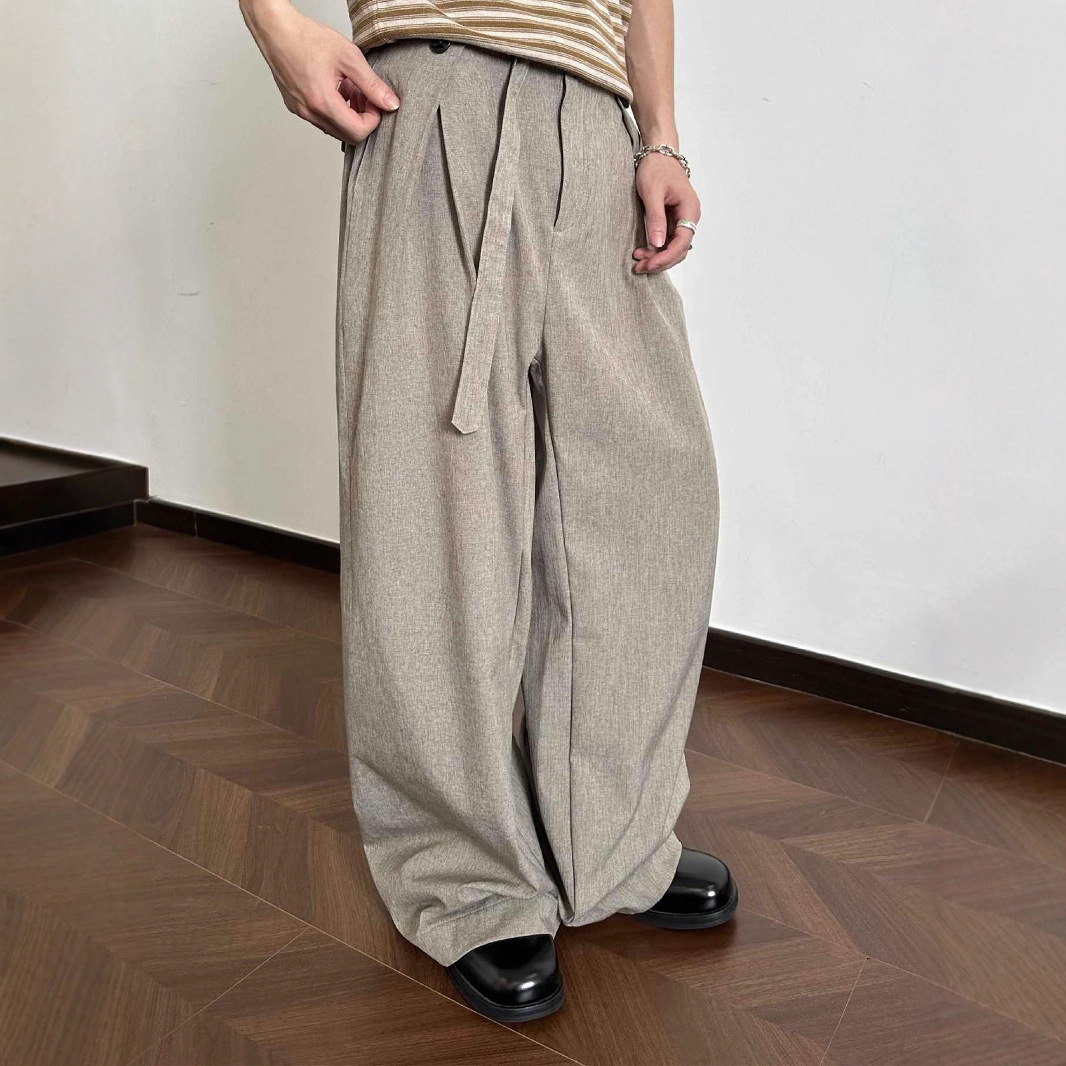 Pantaloni larghi a vita bassa con pieghe Kendo, casual, gamba larga, con cintura fluida e effetto brina, modello EME da uomo, primavera e autunno, silenziosi e di lusso_voghion.com