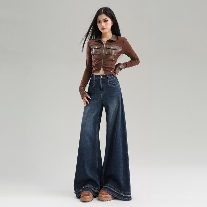 Jeans retro de piernas largas de lana primavera de mujeres 2026 nuevo tipo delgado de cintura alta flácida chandeliers
