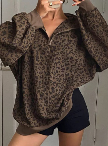 European and American new style retro leopard print stand-neck coat for women in early autumn design loose long sweater