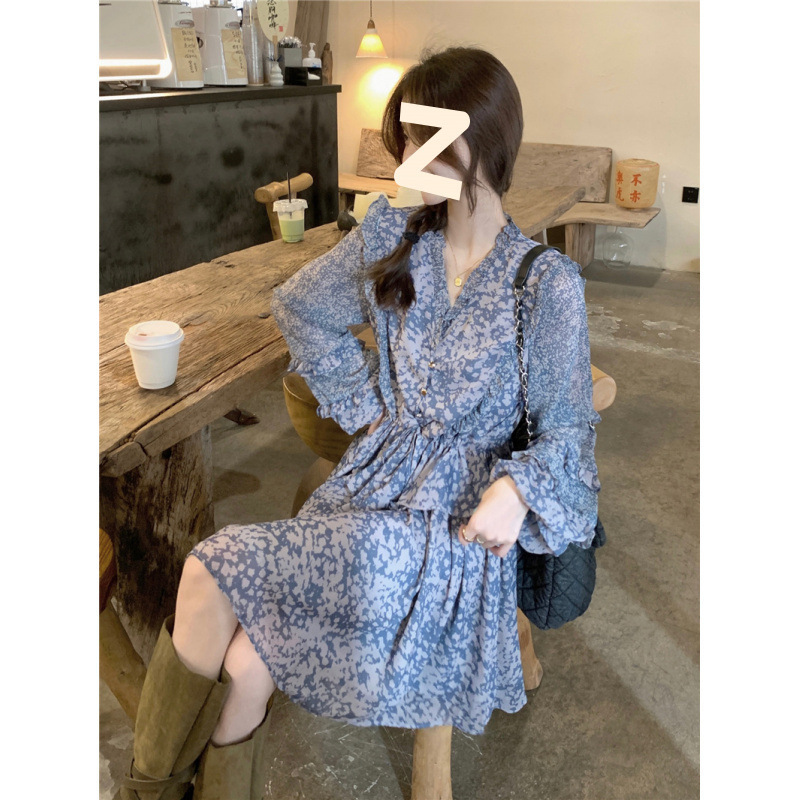 法式蓝色碎花V领长袖雪纺连衣裙子女春季小个子收腰显瘦公主短裙|undefined