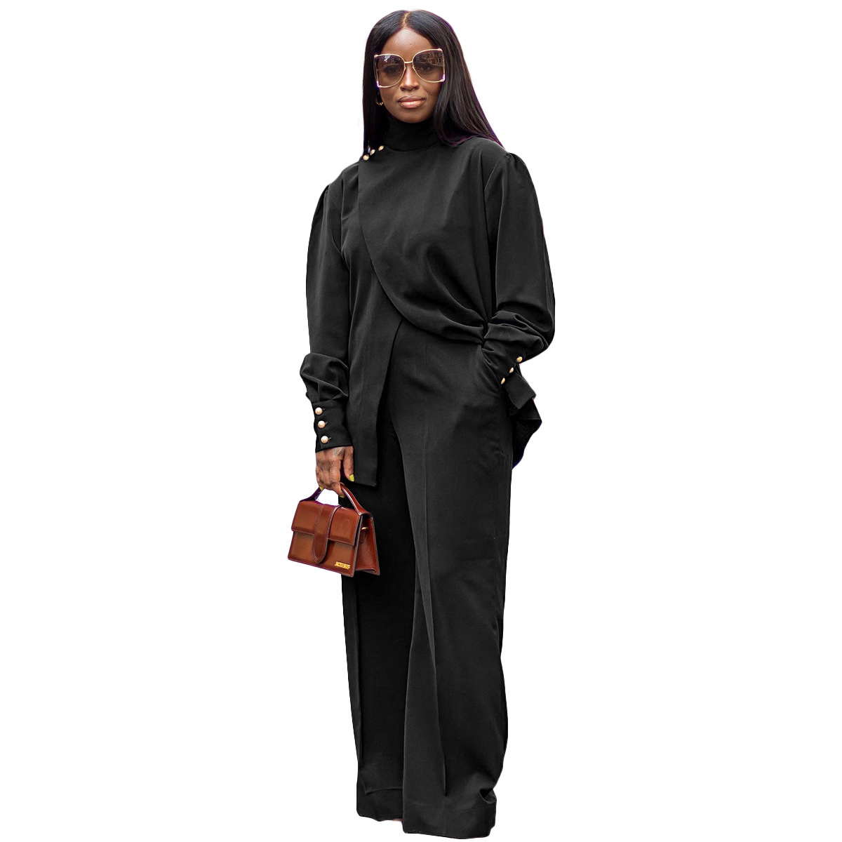 Women's Turtleneck Pant Set Two Piece Long Sleeve Split Outfit_voghion.com